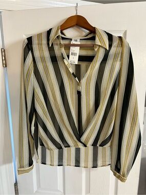 CAbi Striped Wrap Blouse in Black, White & Mustard